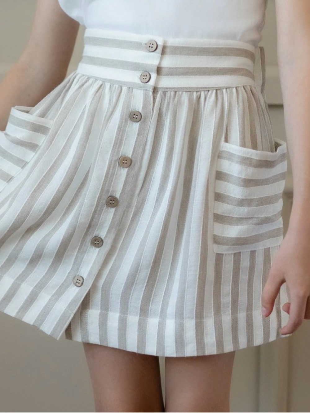 Mayoral Beige and White Striped Button-Front Pocket Skirt